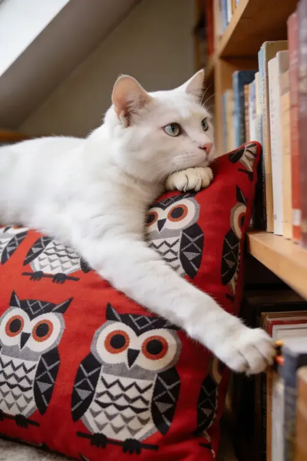 纭毛家猫依红枕靠书架休憩