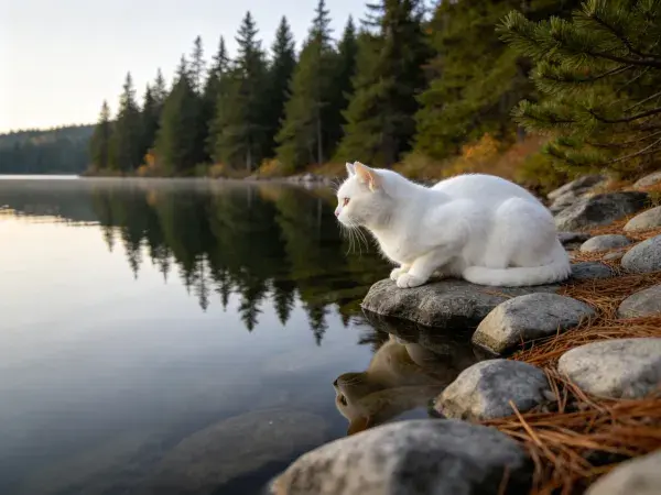白色短毛家猫湖边岩石休息场景
