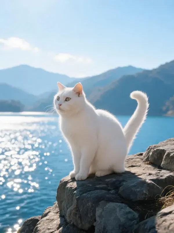 白长毛家猫于岩石边临水的姿态