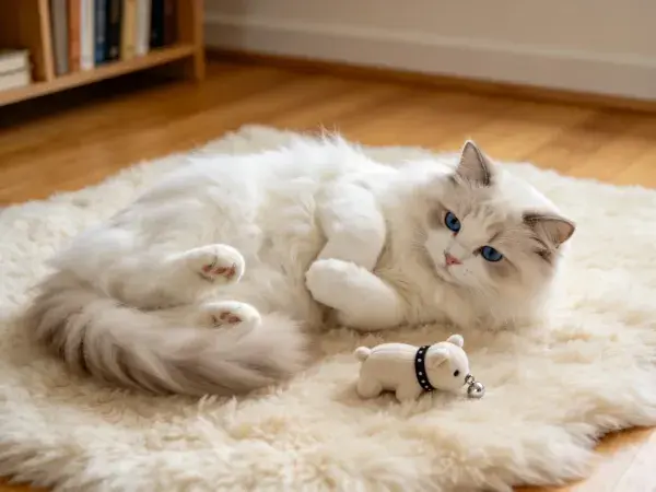 地毯上蓝眼睛布偶猫与玩具小狗
