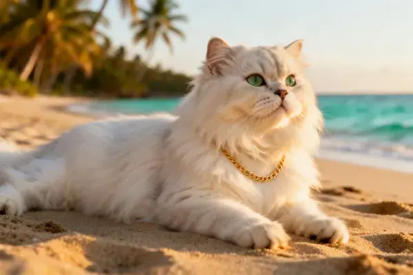 长毛白色布偶猫在沙滩场景
