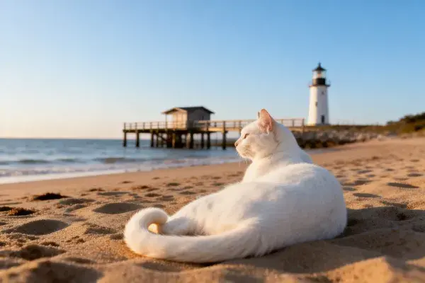白短毛家猫躺卧海滩沙滩