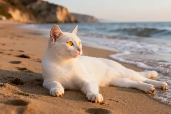 白色短毛家猫静卧沙滩