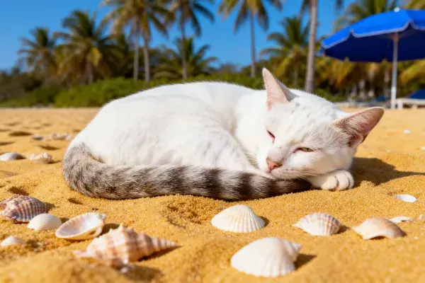 海滩沙地上的灰尾白短毛家猫休憩场景