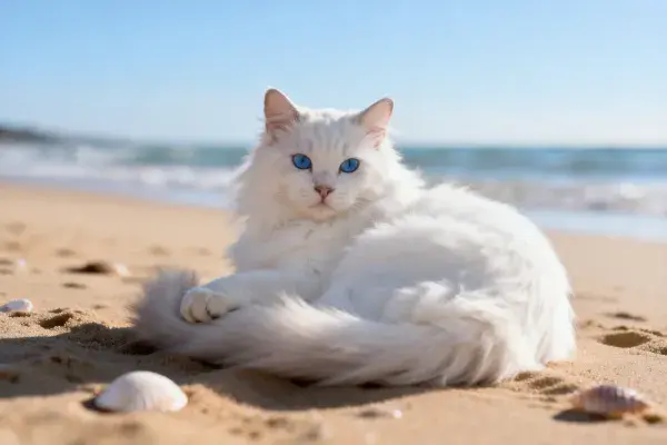 沙滩上蓝眼睛白色长毛猫的特写