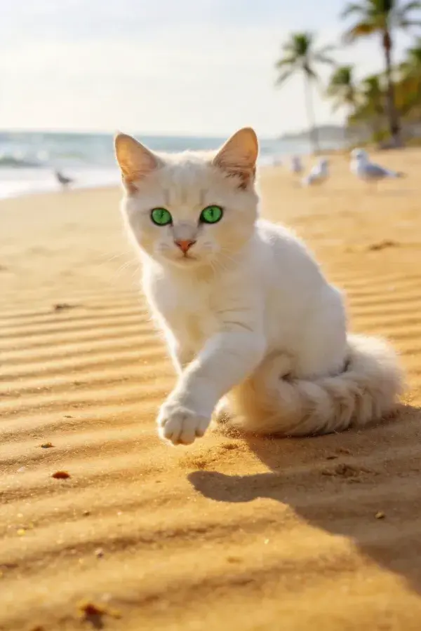 阳光沙滩上的奶油色短毛家猫