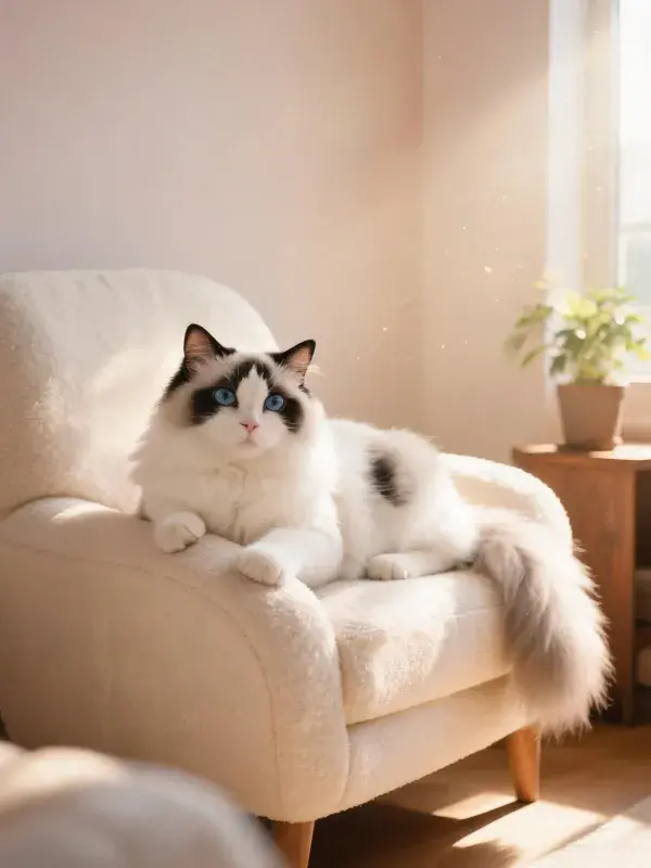 客厅暖光下的双色长毛猫