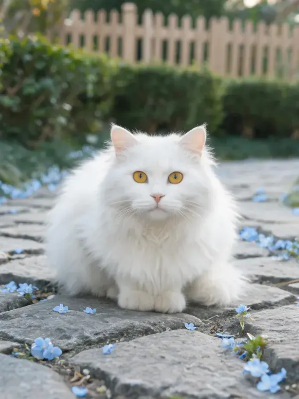 白色土耳其安哥拉猫静坐石板路
