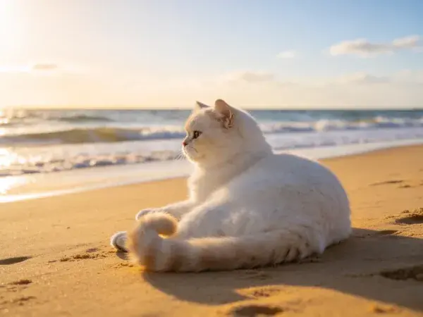 沙滩上白色英国短毛猫