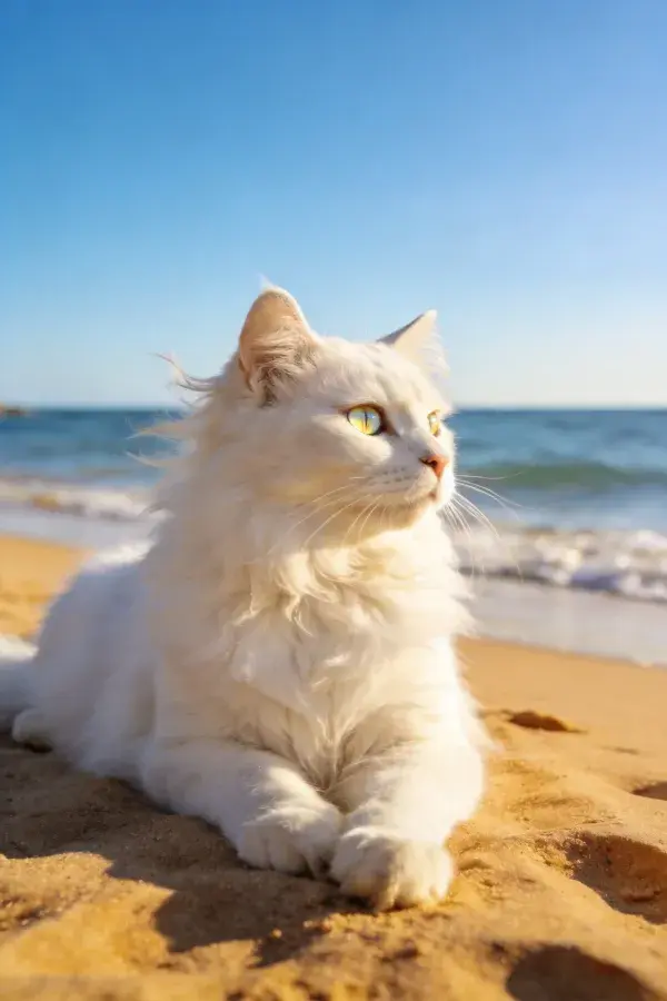 长毛白波斯猫静卧沙滩眺望