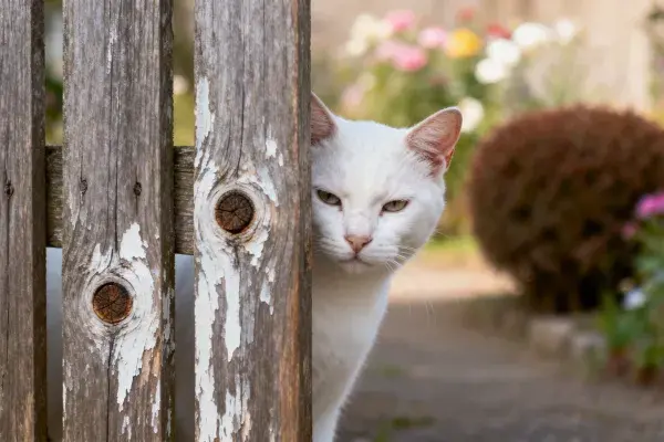 木栅栏后的短毛家猫特写场景