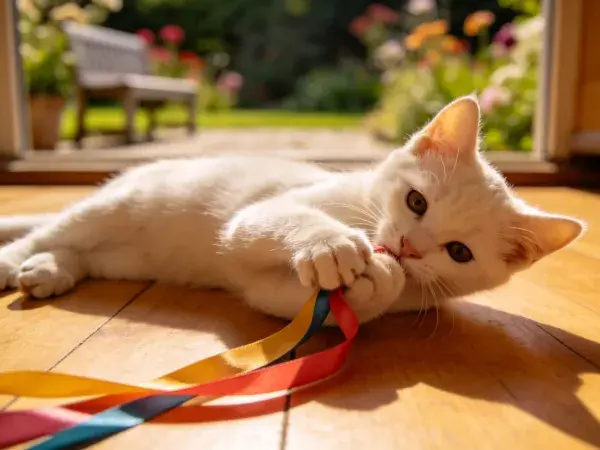 阳光洒入室内的白色短毛家猫玩耍场景