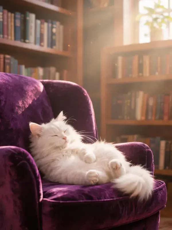 长毛白波斯猫在紫色扶手椅上的休息状态