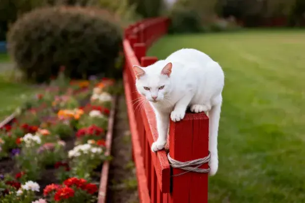 红色木栅栏上的白色短毛猫场景