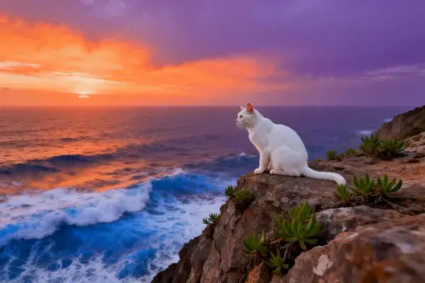 海岸悬崖上的白短毛家猫日落景观