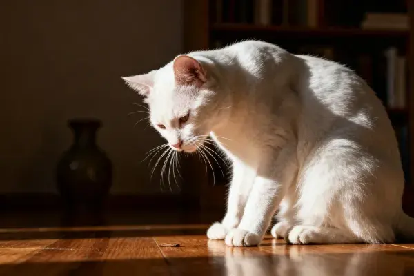 白色短毛家猫在室内木质地面上的状态捕捉