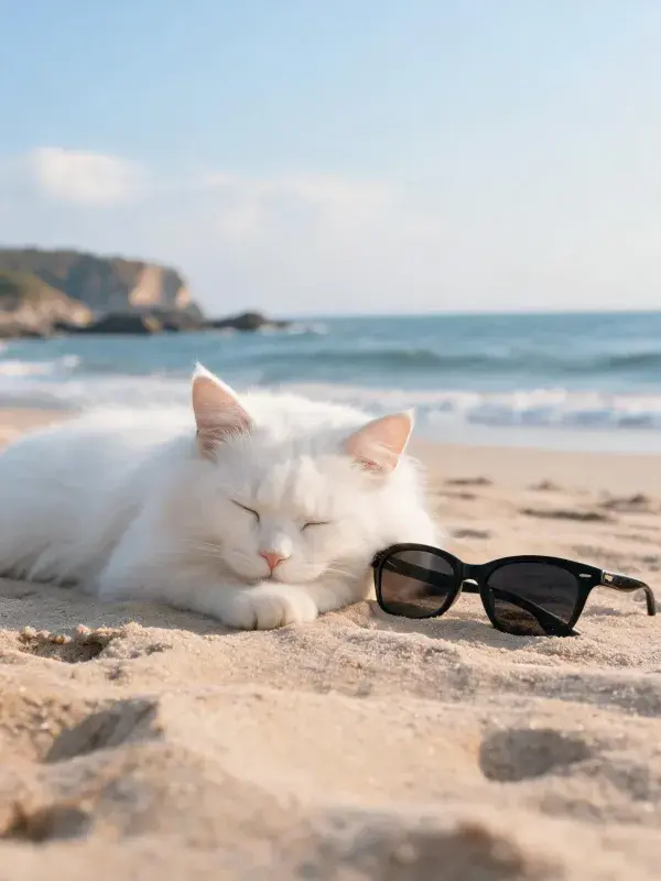 海滩沙地上的白长毛猫休憩图景