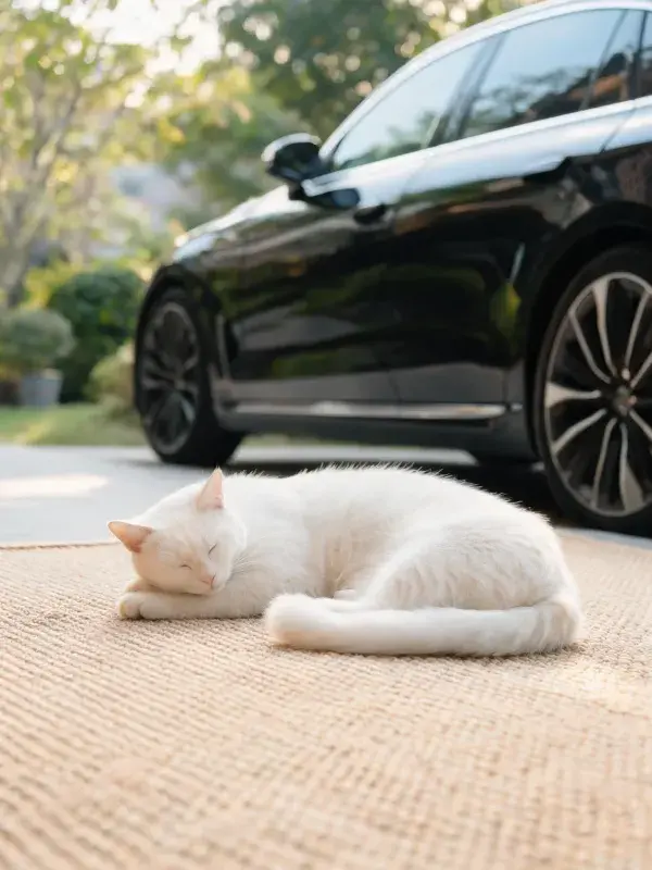 乳色短毛家猫在车前地毯上的休憩画面