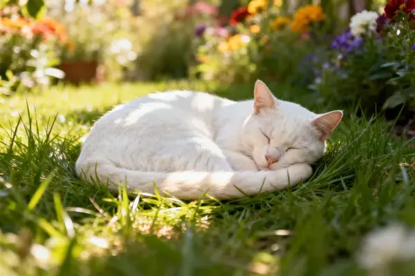 阳光花园中白色短毛家猫休憩场景