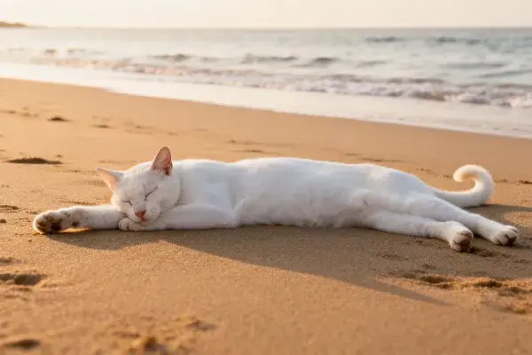 海滩沙地上的白短毛家猫