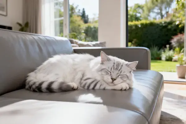 客厅窗边银灰虎斑猫静卧沙发