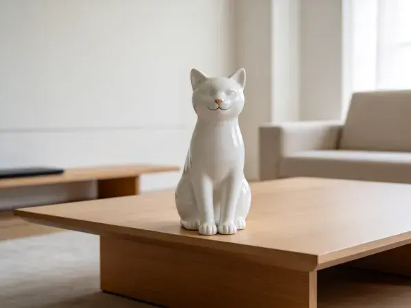 现代简约空间内的白陶瓷猫雕塑