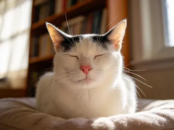 书斋光影下的黑白花色短毛家猫