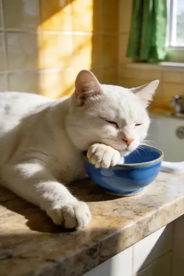 白短毛家猫靠碗休息的特写镜头