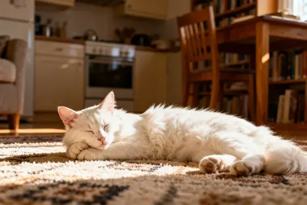 长毛家猫躺卧在室内地毯上
