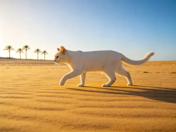 沙漠沙地上行走着的白色短毛家猫