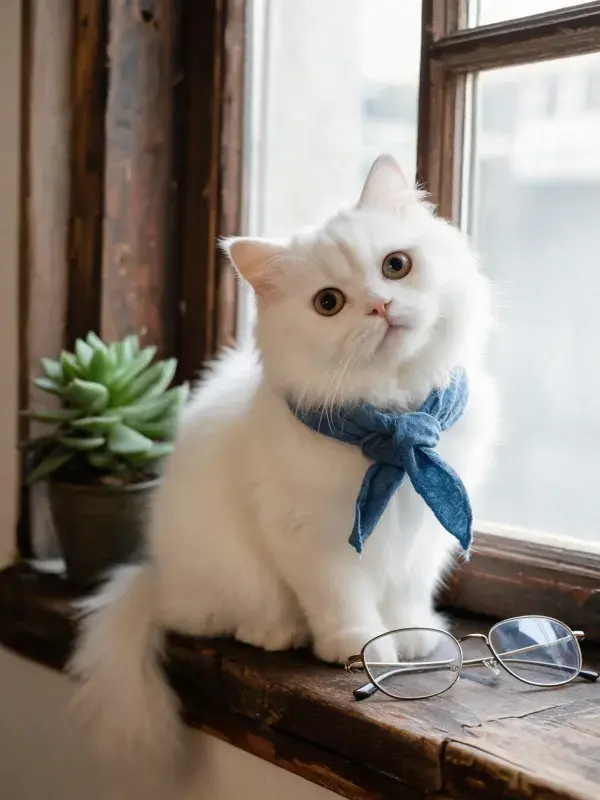 阳光明亮的窗台上白色长毛猫场景