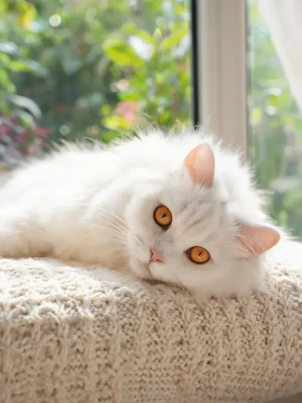 白色长毛猫在窗边软垫上的姿态