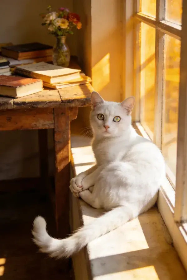 室内窗边白短毛家猫与旧书桌