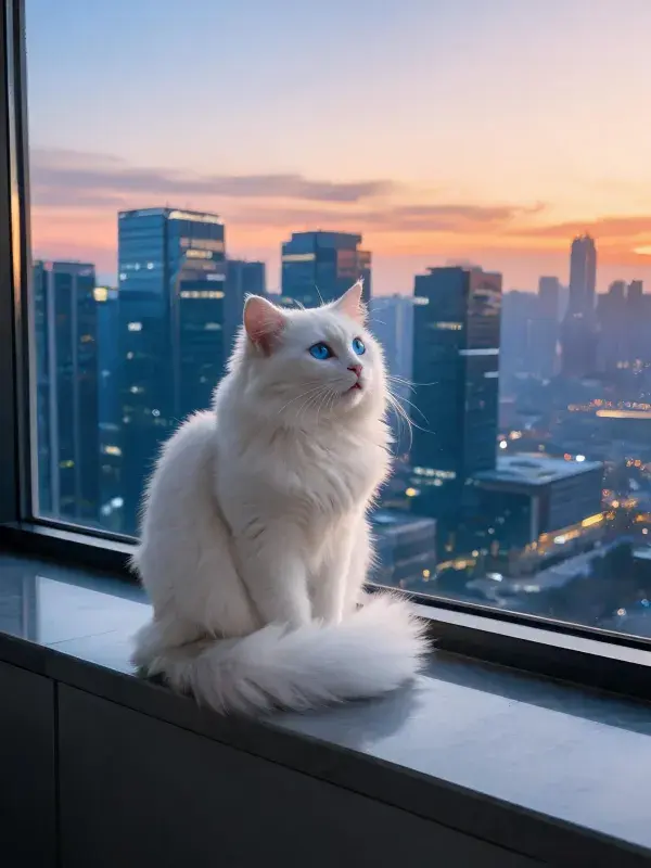 白长毛布偶猫眺望城市天际线