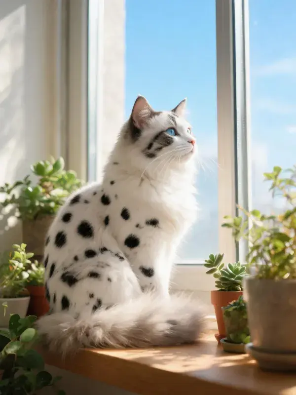 阳光明亮的窗台上斑点雪鞋猫图景