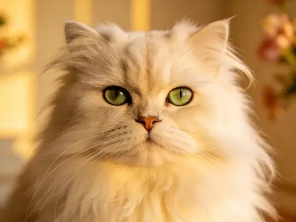 阳光下长毛白色波斯猫特写