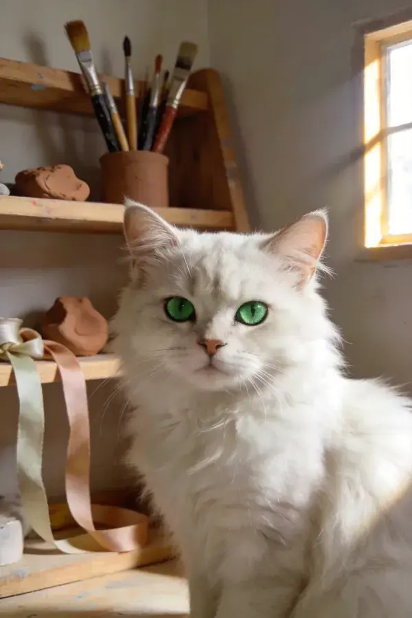 阳光工作室里的绿眼白长毛猫