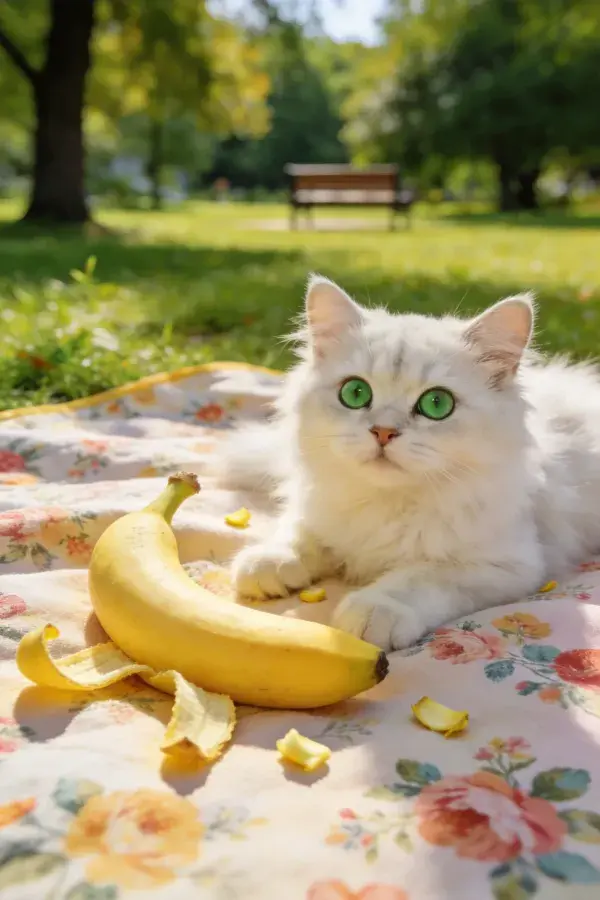 公园草坪上的布偶猫与香蕉