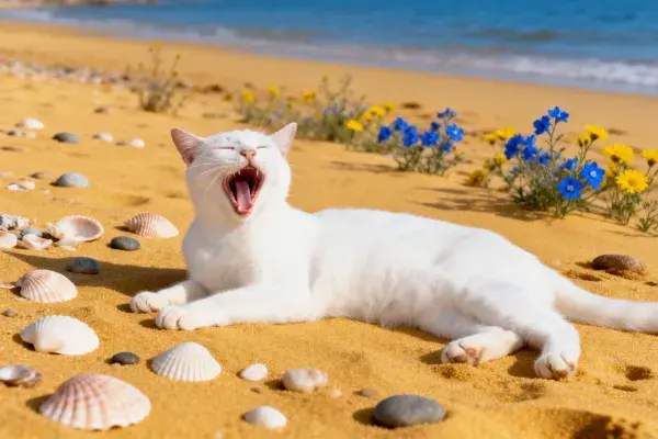 沙滩上的白短毛家猫场景