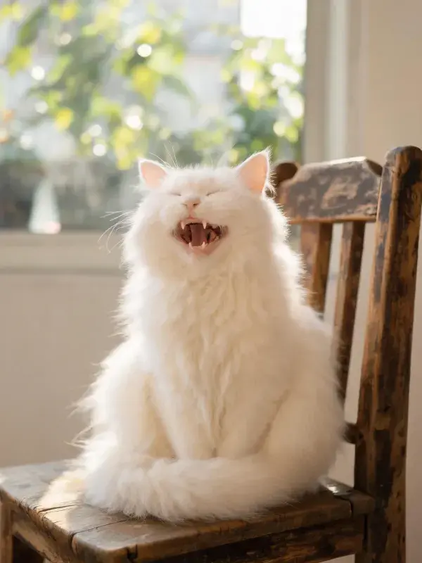 长毛白色猫咪在木质座椅上的打哈欠场景