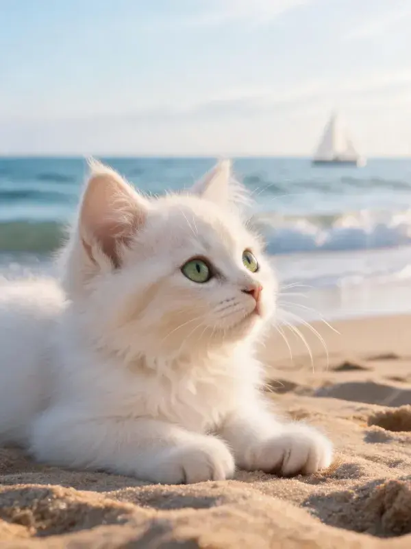 沙滩上白色长毛家猫的观察姿态