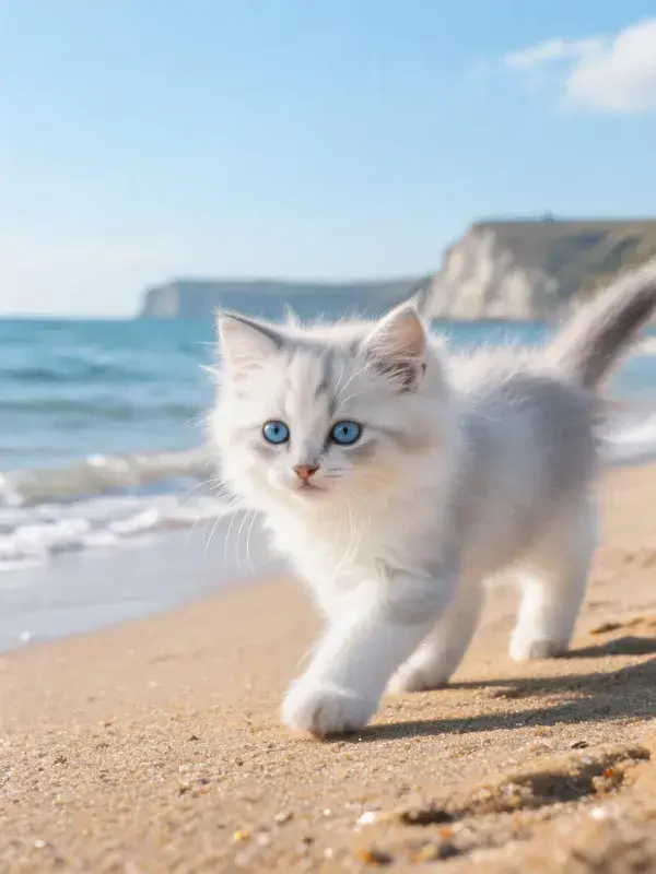 海滩上蓝眼睛的白布偶猫行走瞬间