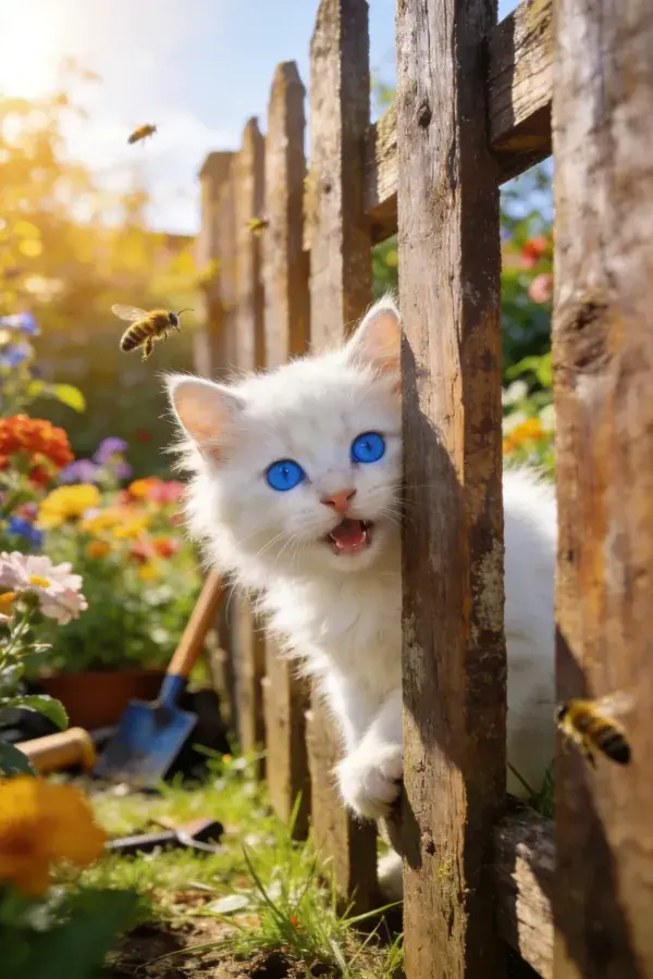 花园木栅栏旁的白短毛家猫