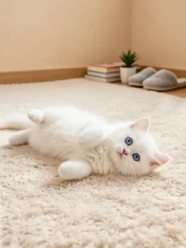 白色英国短毛猫在室内地毯上的姿态