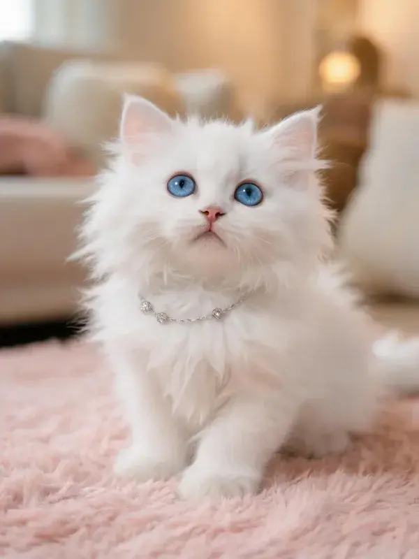 长毛白色猫咪在粉色地毯上的姿态