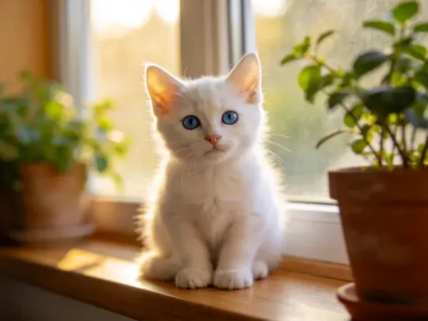 窗台阳光下的白短毛家猫