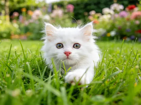 花园中白色长毛家猫观察景象