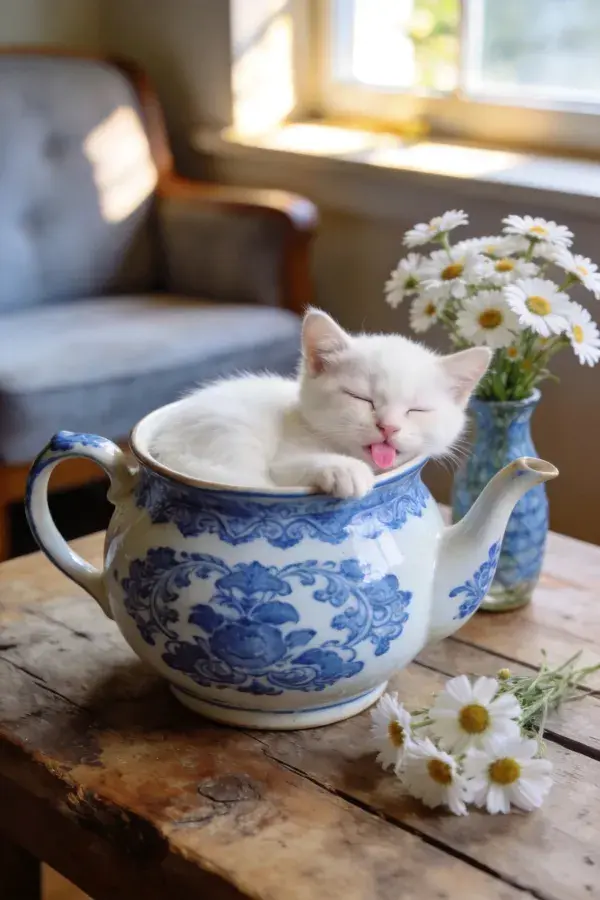 短毛家猫躺在大蓝白花纹茶壶中
