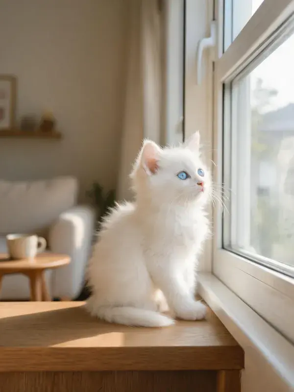 白色长毛家猫窗边凝望瞬间