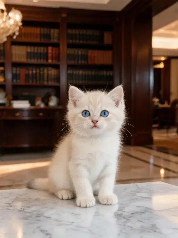 英国短毛猫在大理石桌面的观察姿态